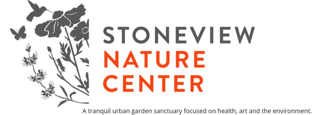 Stoneview Nature Center Logo. Slogan: A tranquil urban garden sanctuary focused on health, art and the environment.